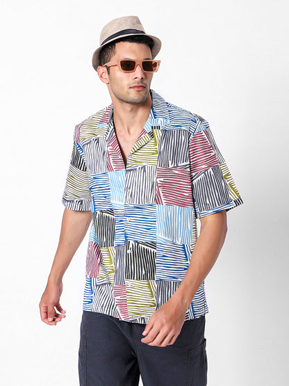 Abstract Grid Checks Oversized Cotton Shirt