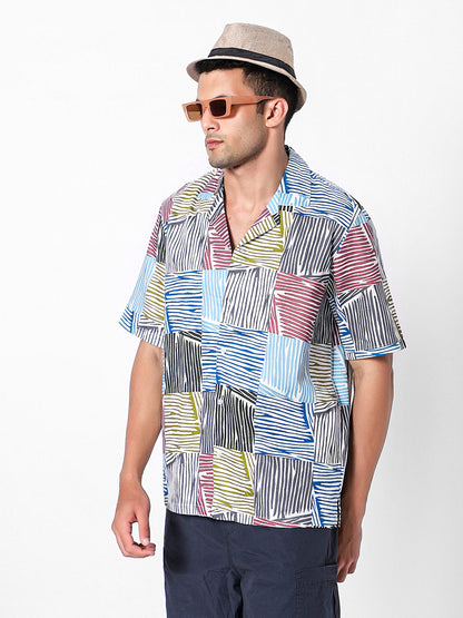 Abstract Grid Checks Oversized Cotton Shirt