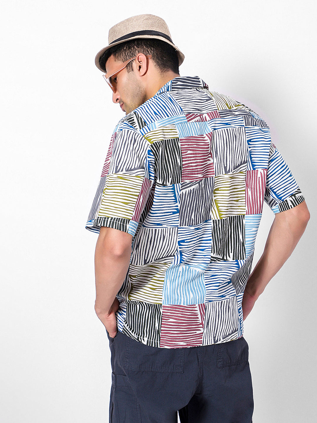 Abstract Grid Checks Oversized Cotton Shirt